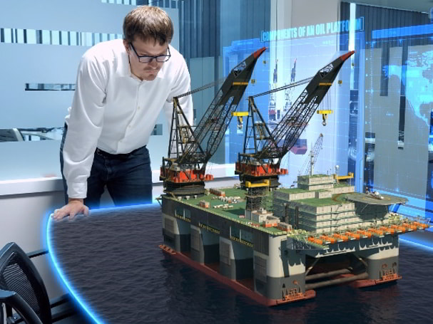Engineer analyzing technology for an offshore oil and gas project, industrial procurement.